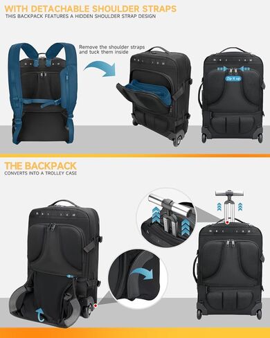 Backpack with wheels,Rolling laptop backpack with 2 Packing Cubes,Water-Resistant,Wheeled backpack Suitcase for Men Adults to Travel, Commuting,Black in Saudi Arabia