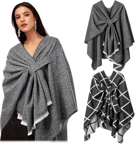 2 Pcs Women's Shawl Wrap Plaid Soft Open Front Poncho Sweater Cardigan Cape Scarf for Fall Winter Spring in Saudi Arabia