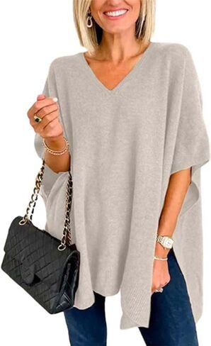 Melliflo Womens Short Sleeve V Neck Pocho Sweater Fashion Side Slit Sweater Pullover Shawl Loose Fit Ponchos Wraps Baggy Tops in Saudi Arabia