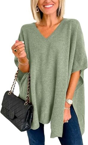 Melliflo Womens Short Sleeve V Neck Pocho Sweater Fashion Side Slit Sweater Pullover Shawl Loose Fit Ponchos Wraps Baggy Tops in Saudi Arabia