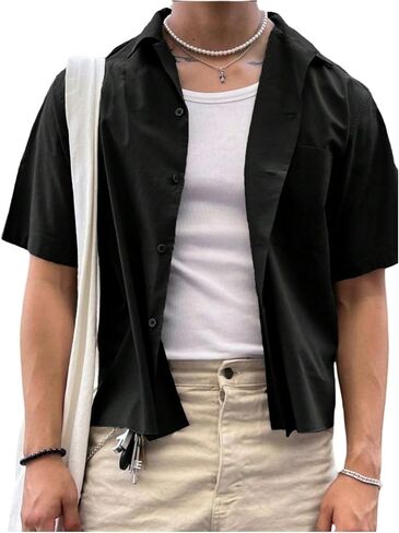 Men's Button Down Shirts Short Sleeve Lapel Collared V Neck Casual Summer Tops in Saudi Arabia
