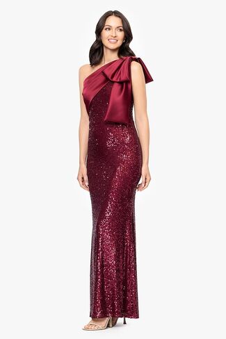Betsy & Adam Womens One Shoulder Satin and Sequin Floor Length Dress in Saudi Arabia