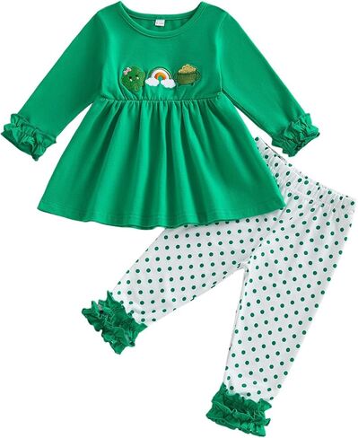 FIOMVA Baby Girl St. Patricks Day Outfits Toddler Lucky Charm Tshirt Ruffle Clover Print Tops+Ruffle Cuff Striped Pants Set in Kuwait