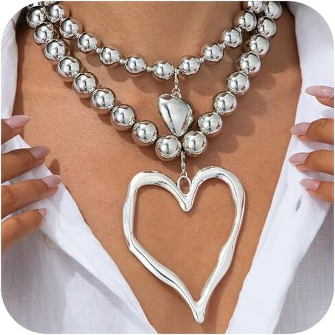Layered Y2k Large Chunky Gold Heart Beaded Choker Necklace for Women Trendy, Statement Oversized Silver Hollow Love Heart Drop Necklaces Jewelry Gift in Saudi Arabia