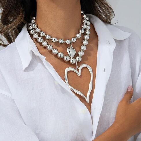 Layered Y2k Large Chunky Gold Heart Beaded Choker Necklace for Women Trendy, Statement Oversized Silver Hollow Love Heart Drop Necklaces Jewelry Gift in Saudi Arabia