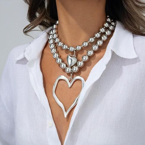 Layered Y2k Large Chunky Gold Heart Beaded Choker Necklace for Women Trendy, Statement Oversized Silver Hollow Love Heart Drop Necklaces Jewelry Gift in Saudi Arabia