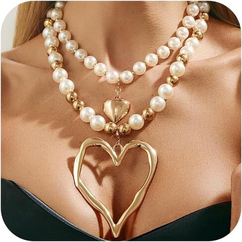 Layered Y2k Large Chunky Gold Heart Beaded Choker Necklace for Women Trendy, Statement Oversized Silver Hollow Love Heart Drop Necklaces Jewelry Gift in Saudi Arabia