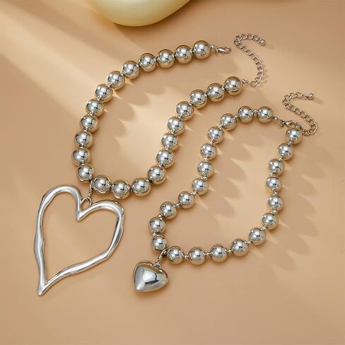 Layered Y2k Large Chunky Gold Heart Beaded Choker Necklace for Women Trendy, Statement Oversized Silver Hollow Love Heart Drop Necklaces Jewelry Gift in Saudi Arabia