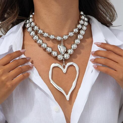 Layered Y2k Large Chunky Gold Heart Beaded Choker Necklace for Women Trendy, Statement Oversized Silver Hollow Love Heart Drop Necklaces Jewelry Gift in Saudi Arabia