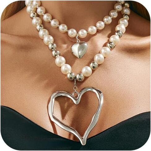 Layered Y2k Large Chunky Gold Heart Beaded Choker Necklace for Women Trendy, Statement Oversized Silver Hollow Love Heart Drop Necklaces Jewelry Gift in Saudi Arabia