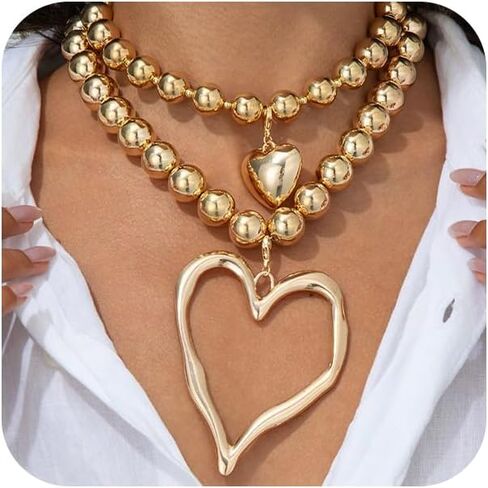 Layered Y2k Large Chunky Gold Heart Beaded Choker Necklace for Women Trendy, Statement Oversized Silver Hollow Love Heart Drop Necklaces Jewelry Gift in Saudi Arabia