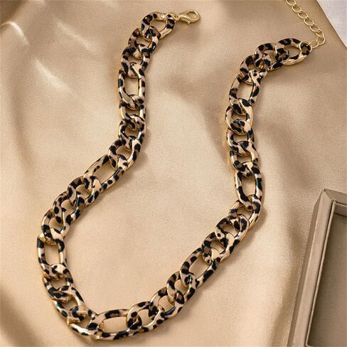 Chunky Leopard Print Cuban Link Curb Chain Choker Necklace for Women Fashion Unique Gold Plated Adjustable Necklaces Boho Punk Trendy Jewelry 17.5" in Saudi Arabia