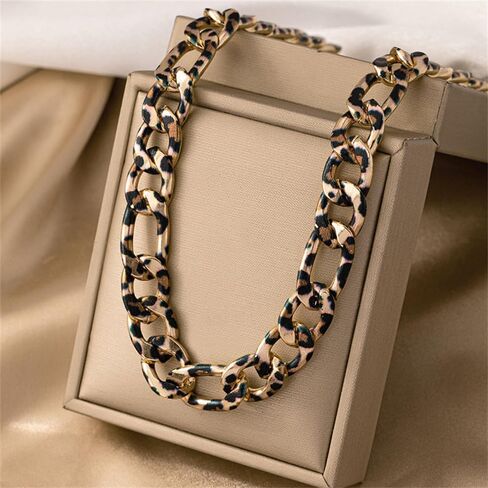 Chunky Leopard Print Cuban Link Curb Chain Choker Necklace for Women Fashion Unique Gold Plated Adjustable Necklaces Boho Punk Trendy Jewelry 17.5" in Saudi Arabia