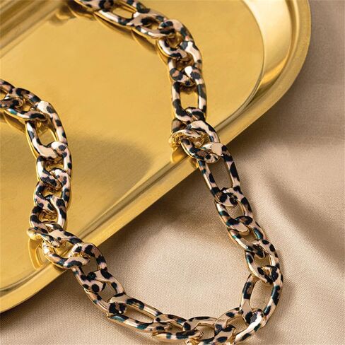 Chunky Leopard Print Cuban Link Curb Chain Choker Necklace for Women Fashion Unique Gold Plated Adjustable Necklaces Boho Punk Trendy Jewelry 17.5" in Saudi Arabia