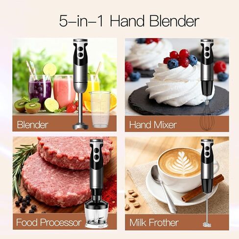 Megawise Blender Handheld 12 سرعات من الفولاذ المقاوم للصدأ الخلاط الكهربائي ، 5 في 1 غمر الخلاط المحمول ， شفرات التيتانيوم خلاط يدوية ، عصا الحليب ، مع 200 مل الكثافة خفقة ومروحية (أسود) in Kuwait
