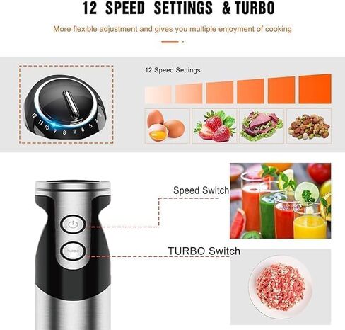 Megawise Blender Handheld 12 سرعات من الفولاذ المقاوم للصدأ الخلاط الكهربائي ، 5 في 1 غمر الخلاط المحمول ， شفرات التيتانيوم خلاط يدوية ، عصا الحليب ، مع 200 مل الكثافة خفقة ومروحية (أسود) in Kuwait