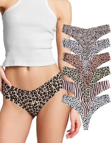 6-Pack Women Animal Printed Seamless Low Rise Breathable Thong Underwear, Ice Silk Design No Show Panties in Saudi Arabia