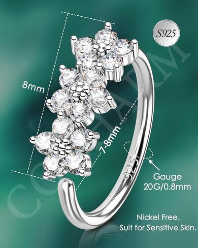 COCHARM 20G 925 فضة استرليني صغيرة رقيقة الأنف الدائري للنساء، فضي 7 مم - 8 مم قابل للتعديل نصف هوب ثقب الأنف مجوهرات in Kuwait