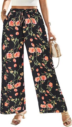 Women's Wide Leg Pants High Waisted Drawstring Loose Palazzo Pant Trendy Casual Flowy Beach Trousers with Pockets in Kuwait