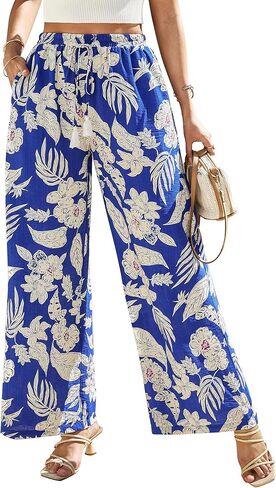 Women's Wide Leg Pants High Waisted Drawstring Loose Palazzo Pant Trendy Casual Flowy Beach Trousers with Pockets in Kuwait