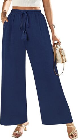 Women's Wide Leg Pants High Waisted Drawstring Loose Palazzo Pant Trendy Casual Flowy Beach Trousers with Pockets in Kuwait