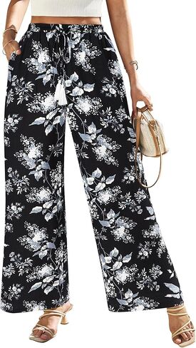 Women's Wide Leg Pants High Waisted Drawstring Loose Palazzo Pant Trendy Casual Flowy Beach Trousers with Pockets in Kuwait
