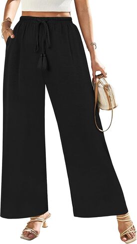 Women's Wide Leg Pants High Waisted Drawstring Loose Palazzo Pant Trendy Casual Flowy Beach Trousers with Pockets in Kuwait
