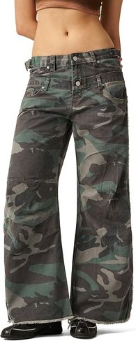 Aelfric Eden Womens Double Waist Camo Cargo Pants Vintage Washed Loose Straight Leg Trousers with Multi Pockets in Saudi Arabia