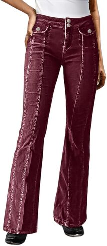 Flamingals Bootcut Mid Waist Solid Stitch Front Retro Pants for Women with Flap Pockets in Saudi Arabia