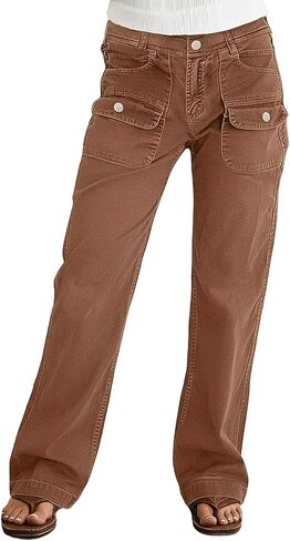 Flamingals Straight Leg Mid Waist Pants for Women with Solid Flap Pockets in Saudi Arabia