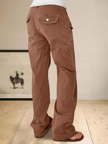 Flamingals Straight Leg Mid Waist Pants for Women with Solid Flap Pockets in Saudi Arabia
