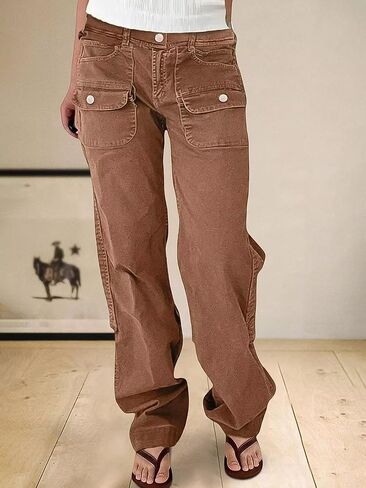 Flamingals Straight Leg Mid Waist Pants for Women with Solid Flap Pockets in Saudi Arabia