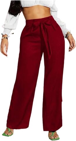 Women Casual Solid Drawstring Waist Wide Leg Summer Pants Work Pants in Saudi Arabia