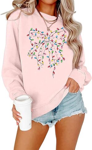 MOUSYA Christmas Lights Bow sweatshirt Retro Christmas Shirt Xmas Holiday Pullover Tops in Kuwait