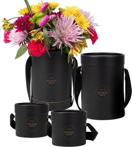4 Flower Bouquet Hat Boxes | 2 Per Size Round Floral Arrangement Vase | Satin Ribbon Handle & Waterproof Liner | Gift Box for Flowers with Lids | Grey in Kuwait