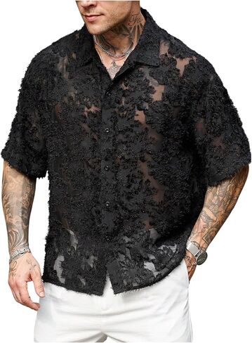 Men's Sheer Shirts Button Down Mesh Fuzzy Trim Short Sleeve Summer Shirt Top in Saudi Arabia