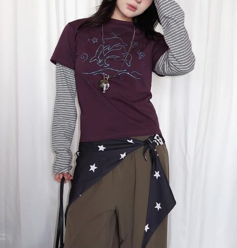 Womens Y2K Floral Graphic Sweatshirts Stripe Vinitage Slim Fit Long Sleeve Tops Punk Gothic 2000s Streetwear in Saudi Arabia