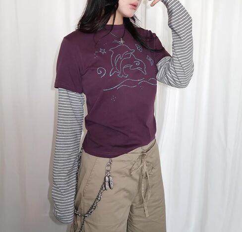 Womens Y2K Floral Graphic Sweatshirts Stripe Vinitage Slim Fit Long Sleeve Tops Punk Gothic 2000s Streetwear in Saudi Arabia