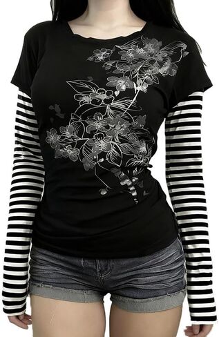Womens Y2K Floral Graphic Sweatshirts Stripe Vinitage Slim Fit Long Sleeve Tops Punk Gothic 2000s Streetwear in Saudi Arabia