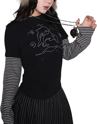 Womens Y2K Floral Graphic Sweatshirts Stripe Vinitage Slim Fit Long Sleeve Tops Punk Gothic 2000s Streetwear in Saudi Arabia