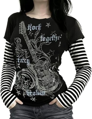 Womens Y2K Floral Graphic Sweatshirts Stripe Vinitage Slim Fit Long Sleeve Tops Punk Gothic 2000s Streetwear in Saudi Arabia