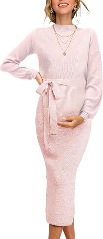 Maternity Sweater Dress Long Sleeve Turtleneck Ribbed Side Slit Bodycon Nursing Midi Dress Pregnancy Clothes in Kuwait