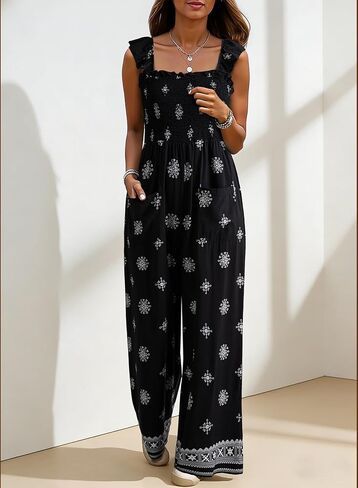 Dokotoo Floral Jumpsuits for Women 2026 Summer Floral Ruffle Sleeves Square Neck Rompers with Pockets in Saudi Arabia