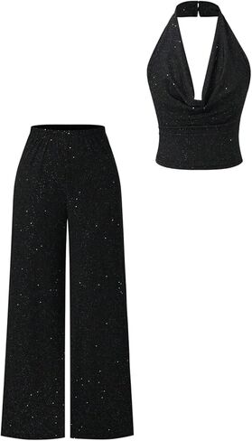 Floerns Women's 2 Piece Outfits Sparkly Cowl Neck Sleeveless Halter Tops and Pants Set in Saudi Arabia