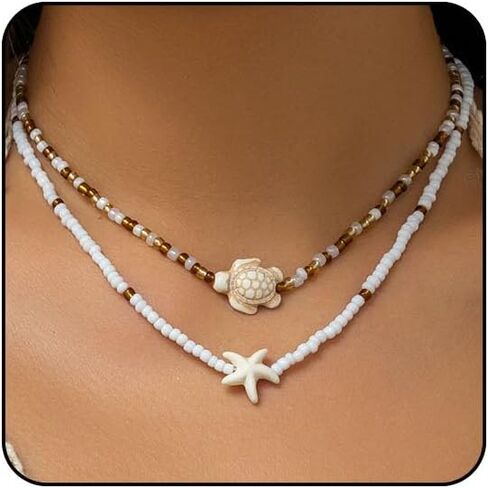 Layered Starfish Necklace Beach Jewelry for Women Seashell Cowrie Puka Shell Necklaces for Women Beach Necklace Turtle Beaded Choker Necklaces Ocean Jewelry in Saudi Arabia