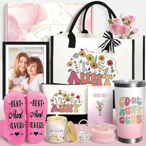 Aunt Gifts Best Auntie Gift ideas 10 PCS Birthday Gifts for Aunt from Niece Nephew, Best Aunt Ever Gifts Women Christmas Gifts, Include Tote Bag Makeup Bag 20 Oz Thermos Cup Photo Frame Socks Keychain in Saudi Arabia