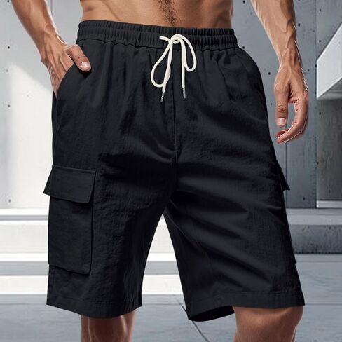 Men's Casual Linen Shorts Cargo Drawstring Waist Casual Summer Beach Shorts Vacation Yoga Golf Short with Pockets in Saudi Arabia