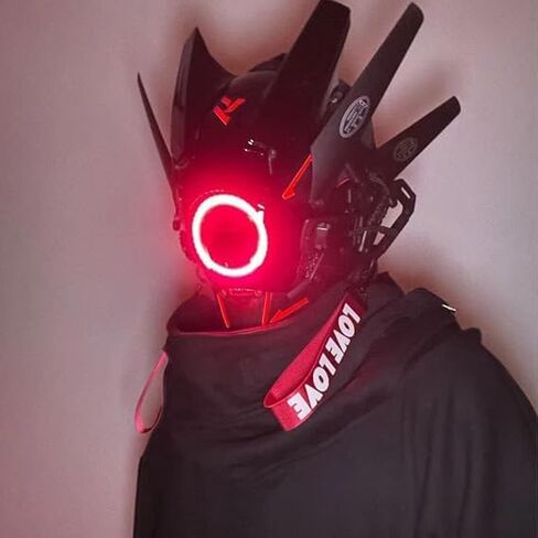 Cyberpunk cool mask cosplay, LED lighting futuristic mecha warrior helmet, sci-fi black full face punk mask, perfect choice for Halloween and parties in Saudi Arabia