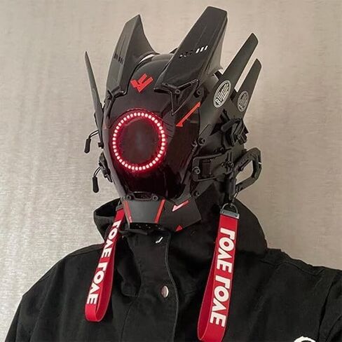 Cyberpunk cool mask cosplay, LED lighting futuristic mecha warrior helmet, sci-fi black full face punk mask, perfect choice for Halloween and parties in Saudi Arabia