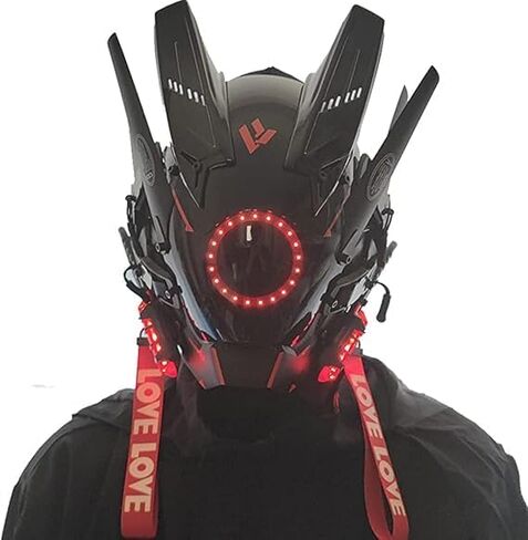 Cyberpunk cool mask cosplay, LED lighting futuristic mecha warrior helmet, sci-fi black full face punk mask, perfect choice for Halloween and parties in Saudi Arabia
